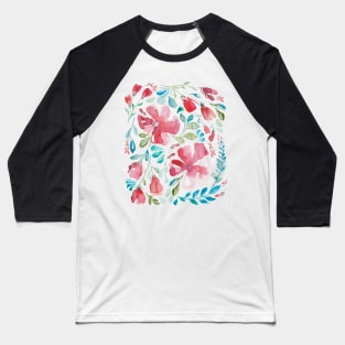 Watercolor of red flowers and turquoise leaves over blue Baseball T-Shirt
